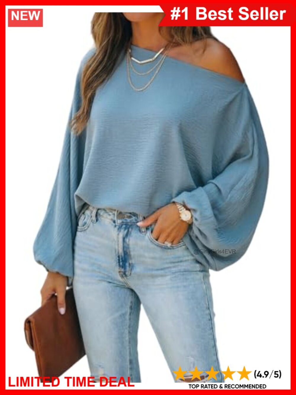 Off Shoulder Long Sleeve Blouse Lantern Sleeve Loose Fit Women's Top